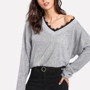 SHEIN Contrast Eyelash Lace Marled Knit Sweater
